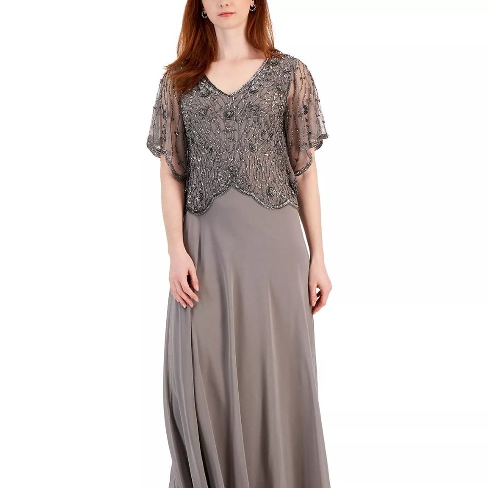J KARA Women's Scalloped Beaded-Bodice V-Neck Gown Mercury Size 18